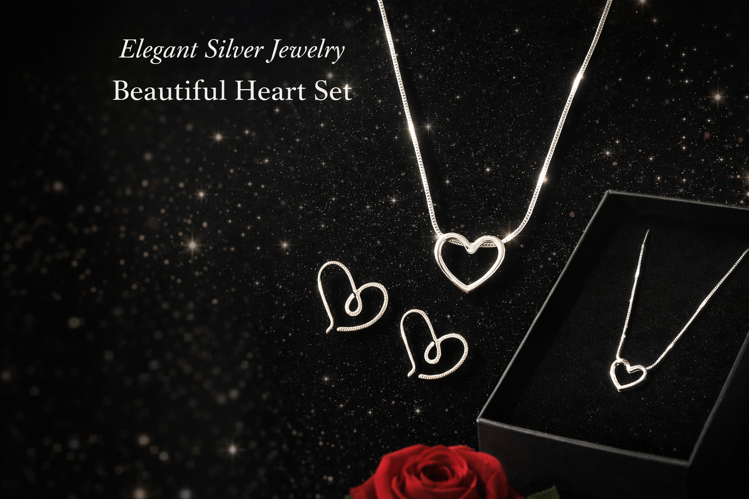 AMORE-Cor plata -Set colgante c/cadena y pendientes corazón lazo en plata de Ley 925